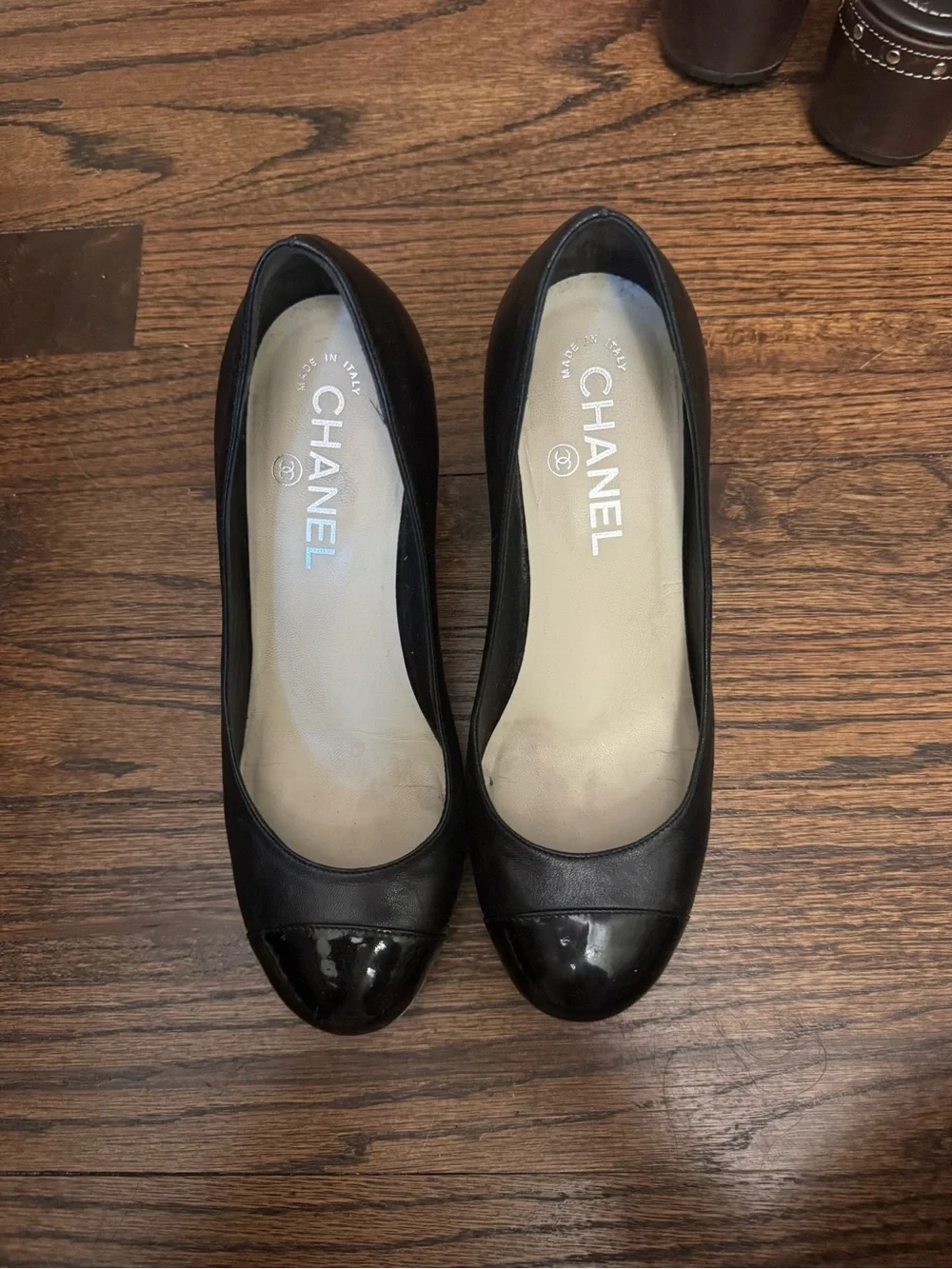 CHANEL Black Leather Peep-Toe Wedge Pumps